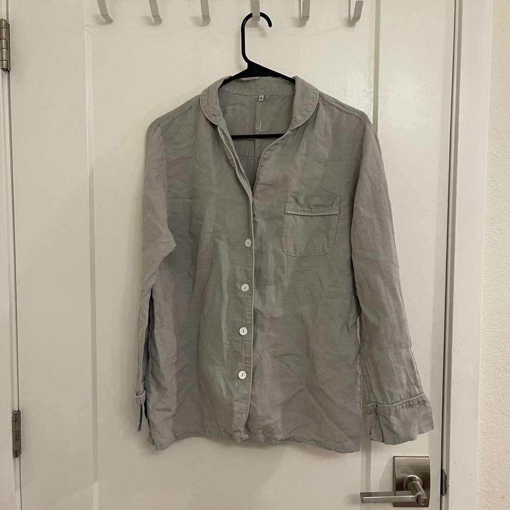 Serena and Lily Linen Pajama Top Button‎ Up Gray Luxury Casual Loungewear